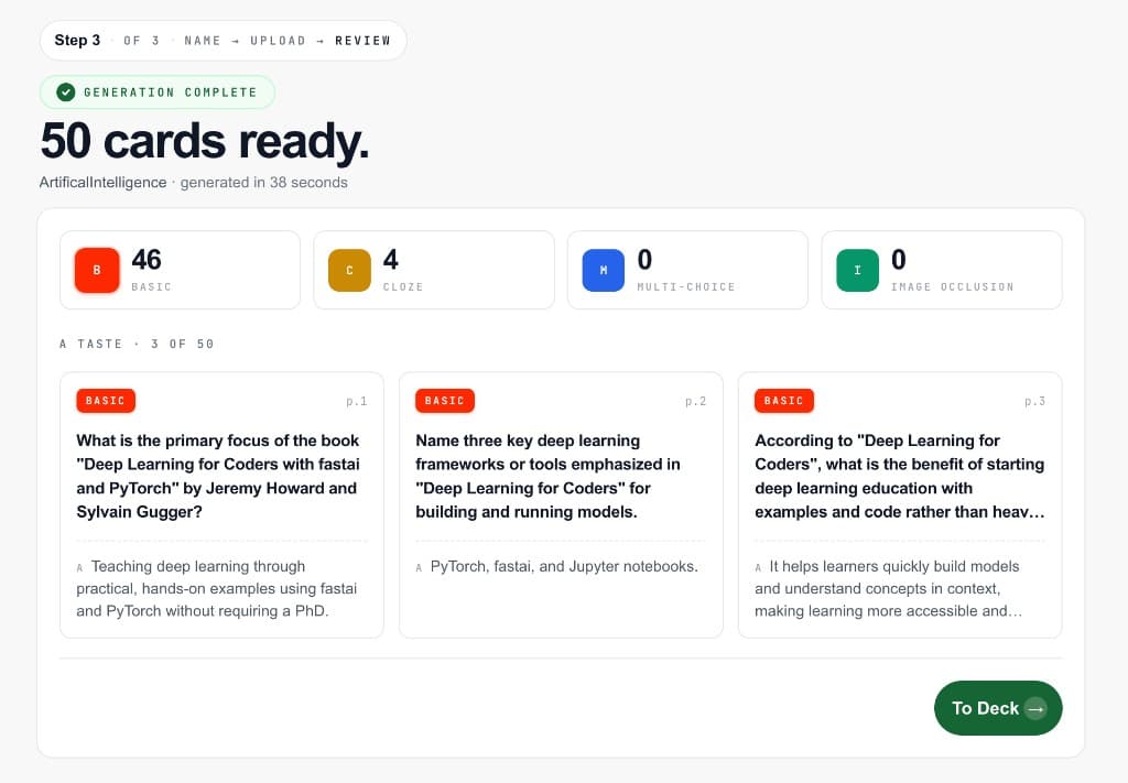 Deckr success screen showing fifty cards ready to review