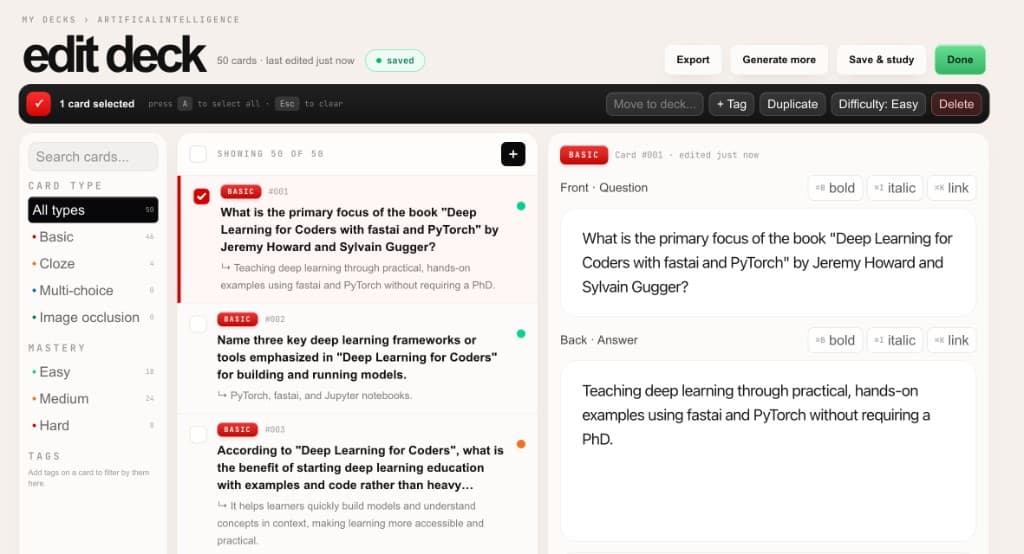 Deckr deck editor with card list and inline editing