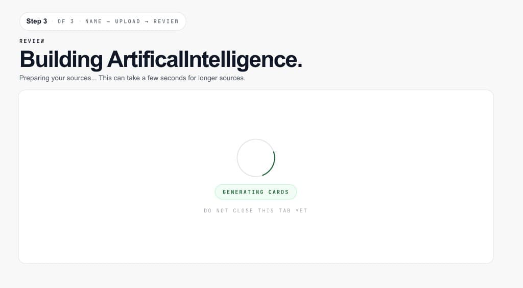 Deckr generation screen at step three while cards are being drafted